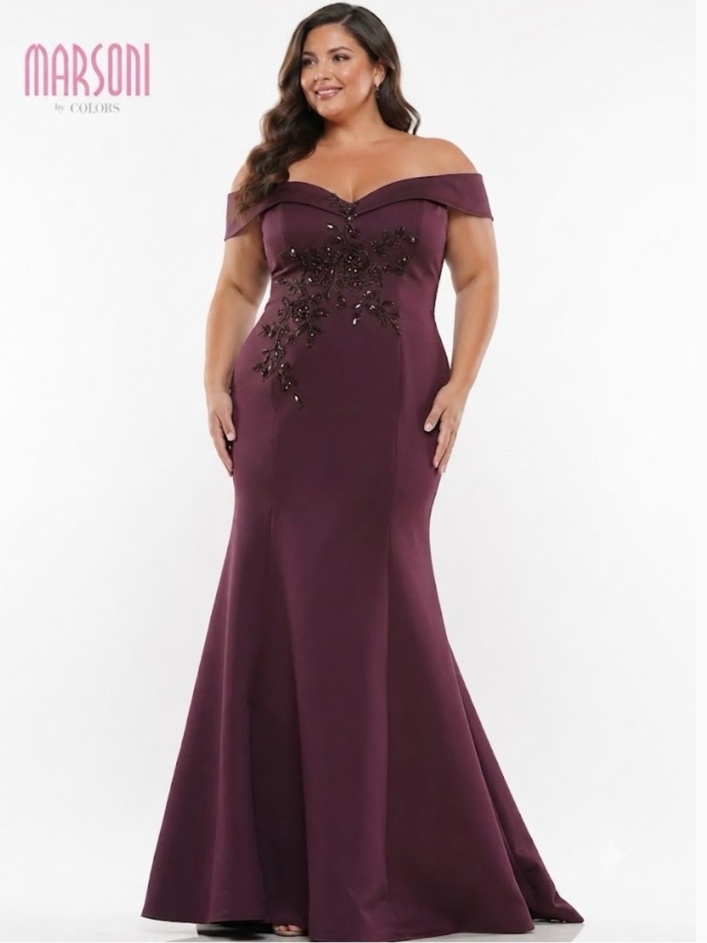 $520 Size 20 Marsoni by Colors MV1142 Wine Floral Beaded Off Shoulder Maxi Gown